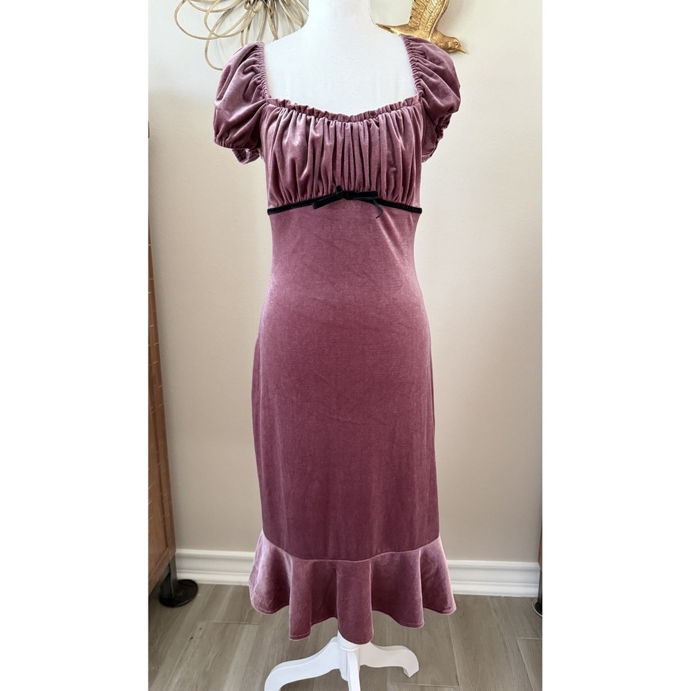 Alex & Sophia Juniors 7/8 Pink Velvet Midi Dress Puff Sleeve 90s Y2K Romantic